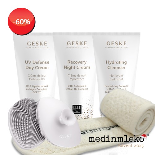 4. ADVENTNI TEDEN - Paket Geske - Facial brush 4 v 1 - Starlight, Facial cleanser, UV Defense day cream, Recovery night cream, medinmleko trak