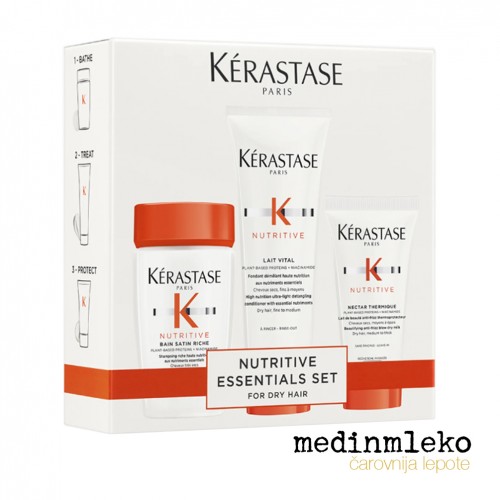 Kérastase - Paket Nutritive Satin Rich kopel, Lait vital nega in Nectar Thermique krema - potovalna velikost